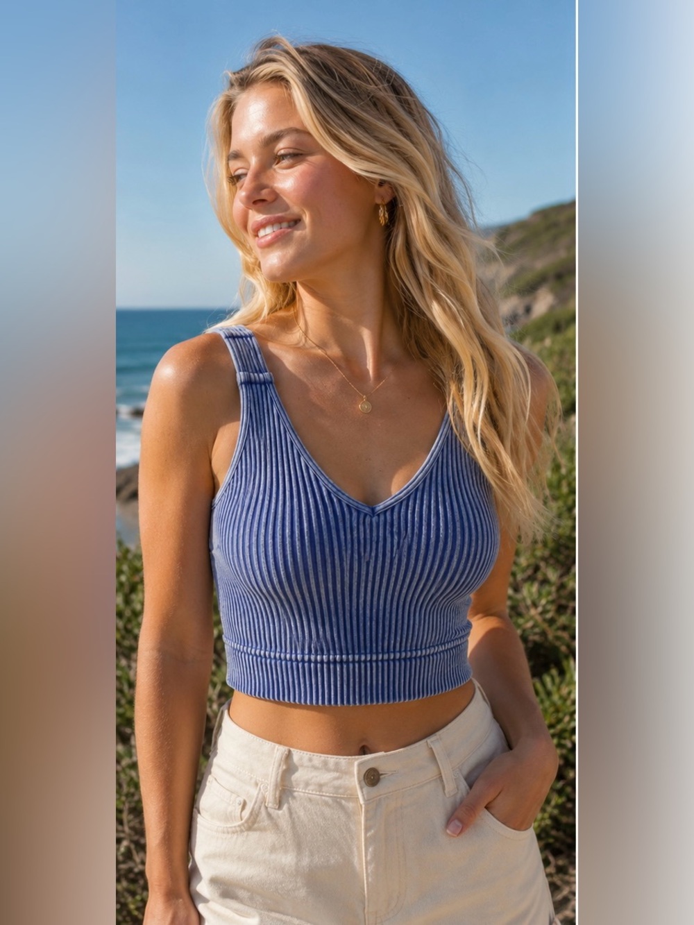 🆕 Indigo Blue Ribbed Mineral Washed V-Neck Padded Brami Tank Crop Top
